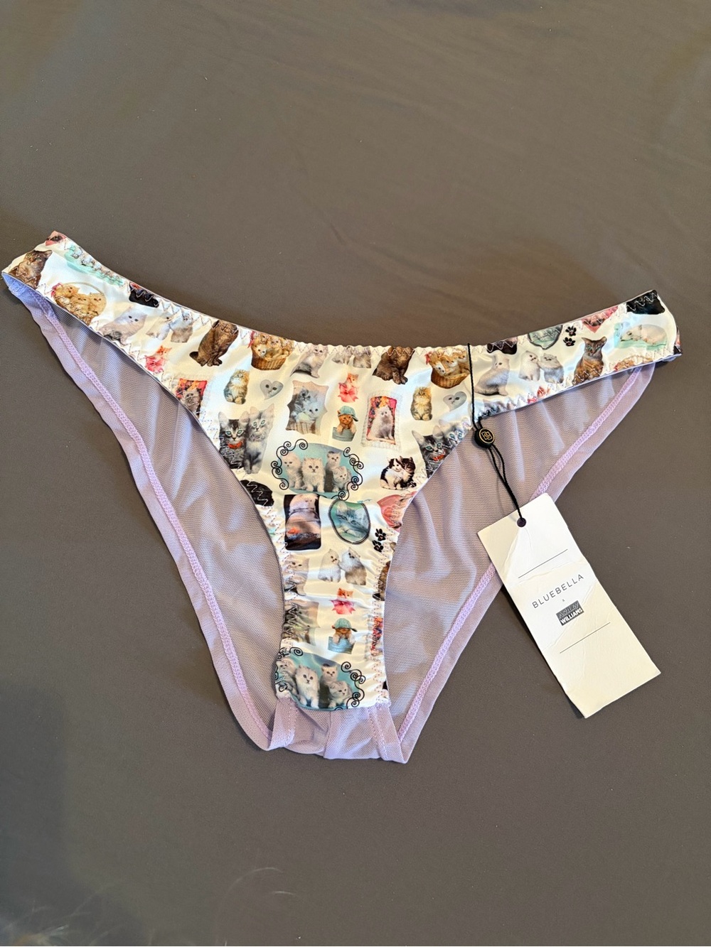 Bluebella x Ashley Williams Kitten Print Satin and Mesh Panties. Size S (US 6)